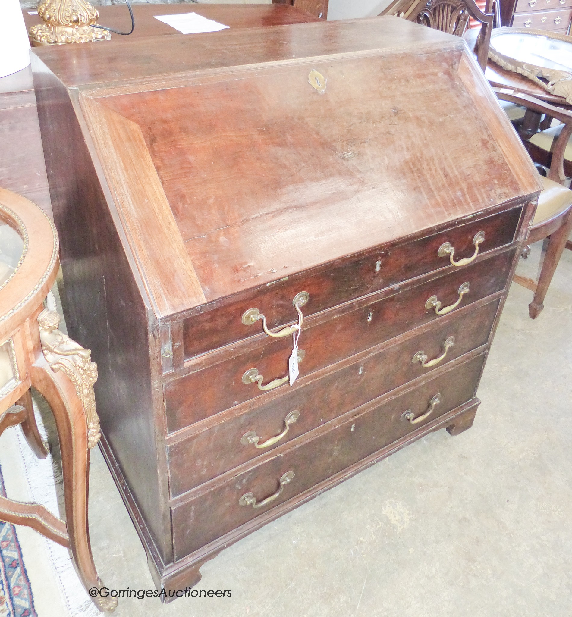 A George III mahogany bureau, width 91cm, depth 56cm, height 101cm